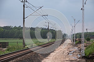 Railway construction works from scratch. Replacement of the entire track. One track under construction, the other completely.