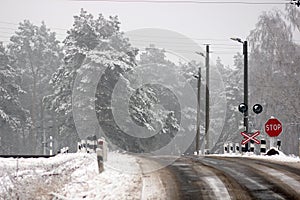 Railway crossing in winter