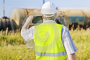 Railway Engineer with tablet PC filmed freight wagons