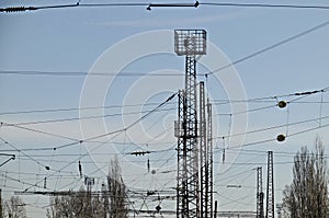 Railway facilities and electrical network with iron poles and wires of the old station Poduyane, built 1930 now under renovation