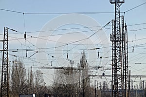 Railway facilities and electrical network with iron poles and wires of the old station Poduyane, built 1930 now under renovation