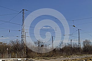 Railway facilities and electrical network with iron poles and wires of the old station Poduyane, built 1930 now under renovation