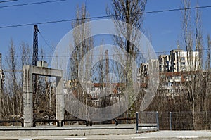 Railway facilities and electrical network with iron poles and wires of the old station Poduyane, built  1930 now under renovation