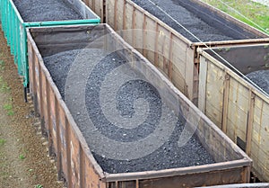 Railway freight cars loaded with coal. Transportation by freight train.