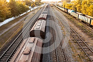 Railway. Freight wagons carrying different loads. Heavy industry concept