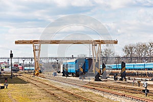 Railway gantry crane at point of uncoupled repair of locomotives railway carriages and trains at depot station Grodno or Hrodna