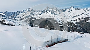 Railway going to Gornergrat train station under breathtaking Matterhorn, Zermatt