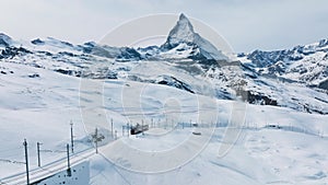 Railway going to Gornergrat train station under breathtaking Matterhorn, Zermatt