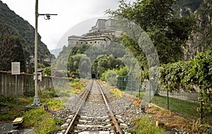 Railway in Hone town and a view of the Bard fortress photo