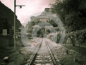 Railway in Hone town and a view of the Bard fortress photo