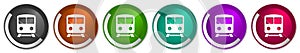 Railway icon set, train, subway, transportation silver metallic chrome border vector web buttons in 6 colors options for webdesign