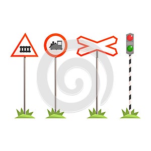 Railway intersection signs, different traffic signs for a railroad crossing. Colorful cartoon illustration