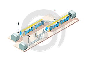 Railway junction. Train railroads business transportation company vector isometric concept