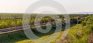 Railway in Kazakhstan steppe in spring