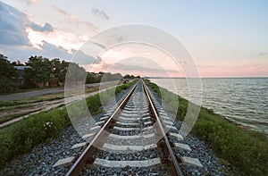 The railway line along the coast of the estuary of the Yeisk, Krasnodar region,