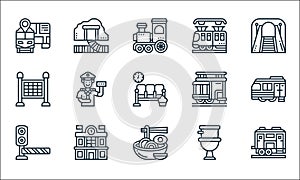 railway line icons. linear set. quality vector line set such as freight wagon, instant noodles, traffic barriers, toilet, train