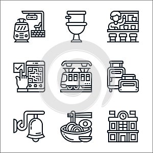 railway line icons. linear set. quality vector line set such as train station, instant noodles, bell, travel luggage, subway,