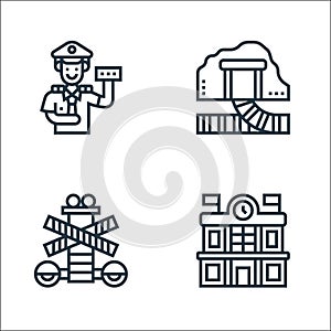 railway line icons. linear set. quality vector line set such as train station, traffic, tunnel