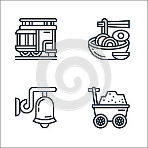 Railway line icons. linear set. quality vector line set such as trolley, bell, instant noodles