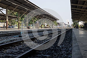 Railway line track. in train station. vintage transportation. way to travel