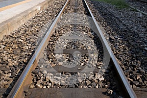 Railway line track. in train station. vintage transportation. way to travel