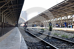 Railway line track. in train station. vintage transportation. way to travel