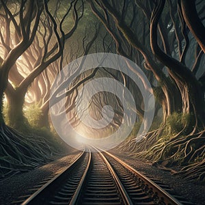 A railway line that travels through a forest of enchanted tree