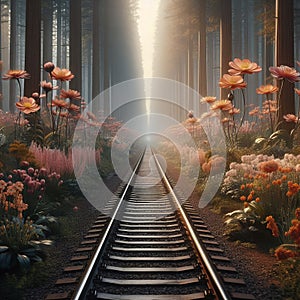 A railway line that travels through a forest of sentient flower