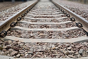 Railway Lines Closeup, Train Tracks with Track Ballast Stones, Metal Rails, Old Railway Track