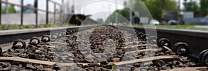 Railway Lines Closeup, Train Tracks with Track Ballast Stones, Metal Rails, Old Railway Track