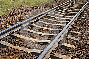 Railway Lines Closeup, Train Tracks with Track Ballast Stones, Metal Rails, Old Railway Track