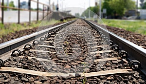 Railway Lines Closeup, Train Tracks with Track Ballast Stones, Metal Rails, Old Railway Track