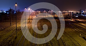 Railway lines at night.