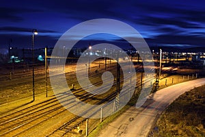 Railway lines at night.