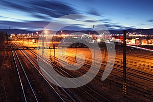 Railway lines at night.
