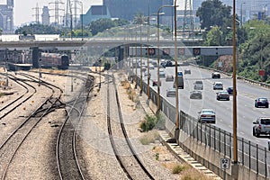 Railways and highway in Tel Aviv, Israel. photo