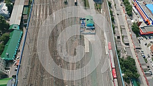 Railway marshalling yard with lot of railway tracks, aerial shot