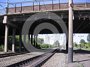 Railway metal rails for train freight road over bridge for transportation in industrial area