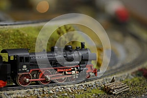 Railway model with steam locomotive and landscape details