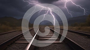 railway in the mountains lightning train tracks made of lightning, riding lightning ride the lightning epic detail