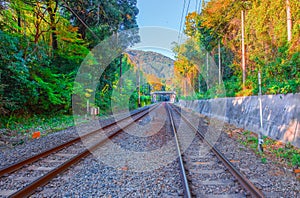 Railway near of Arashiyama bamboo grove cable train line at Gora station in Hakone, Kyoto,Japan