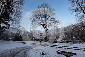 Railway open passage in snowy forest