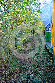 Railway Oravita-Anina in Banat. Typical landscape in the forests of Transylvania, Romania. Autumn view.