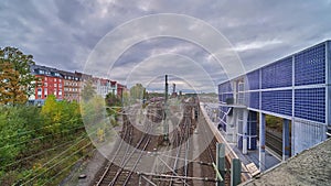 Railway platform in Hannover at evening. Germany. Time lapse.