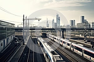 railway platform with view of busy cityscape, with passing trains and traffic in the background