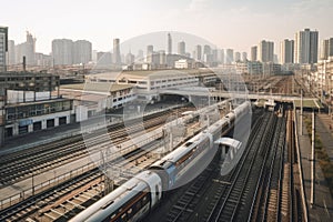 railway platform with view of busy cityscape, with passing trains and traffic in the background