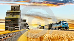 Railway Prairie Sunrise Landscape Wheat Field Rural Countryside Locomotive Freight Train AI Generated