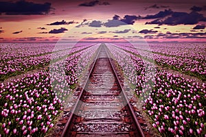 Railway in a purple tulip field