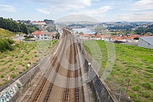 Railway rail tracks railroad train suburban small town river landscape aerial panorama view