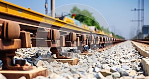 Railway or railroad construction site, railroad track installation machine is in use. Generative AI